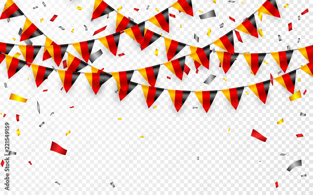 Obraz premium Germany flags garland white background with confetti, Hang bunting for German national Day celebration template banner, Vector illustration