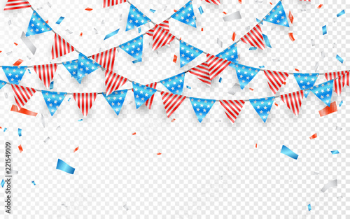 Hanging Bunting Flags for American Holidays. Blue, white and red foil confetti. Vector illustration