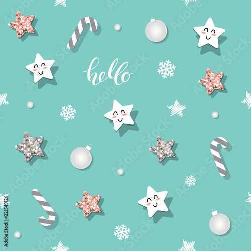 Christmas and new year seamless pattern background with glitter stars and decorative elements.