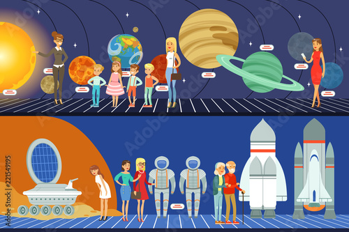 People in the planetarium set, innovation education museum horizontal vector Illustrations