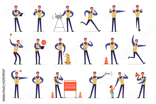 Traffic officer in uniform with high visibility vest set, policeman standing at crossroads and making sign with his hands vector Illustrations