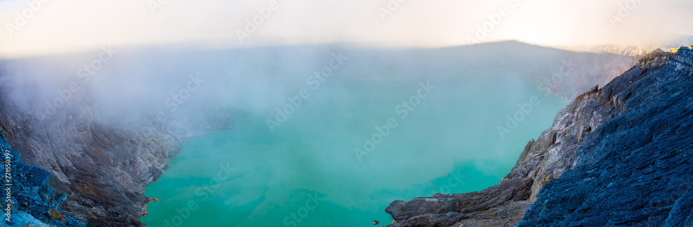 Panorama Landscape of Kawah ijen volcano crater with and sulfuric smoke,Indonesia