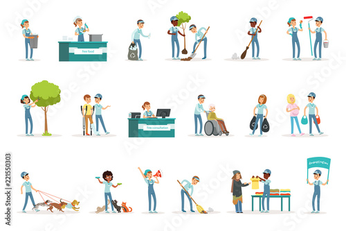 Set of young volunteers helping people