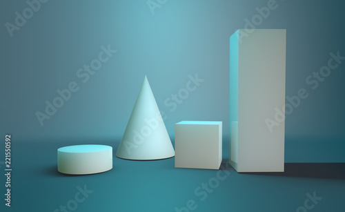 3D render of four objects in a beautiful color. Cylinder, square, cone