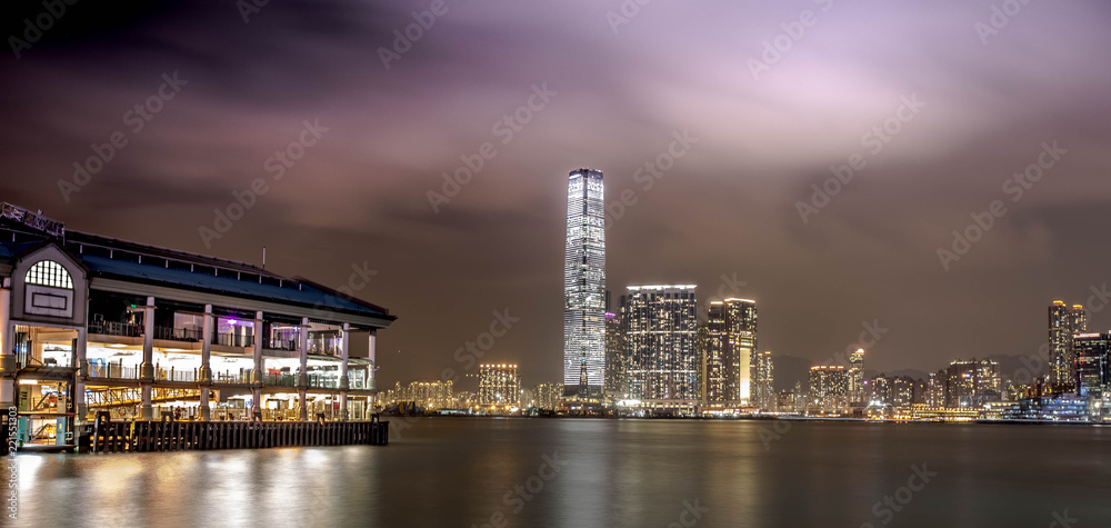 Night view of Hong Kong skyline from Victoria Harbor.	