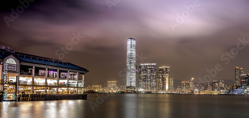 Night view of Hong Kong skyline from Victoria Harbor. 