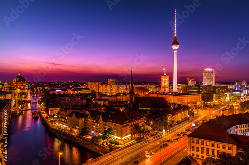 Aerial view of Berlin skyline and Spree river in beautiful Colorful sunset in summer  Germany