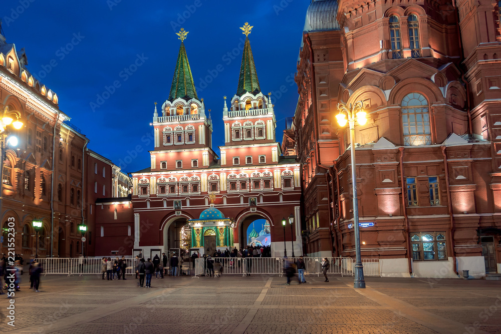 Iberian Gate and Chapel. Red Square. Night view. Moscow.