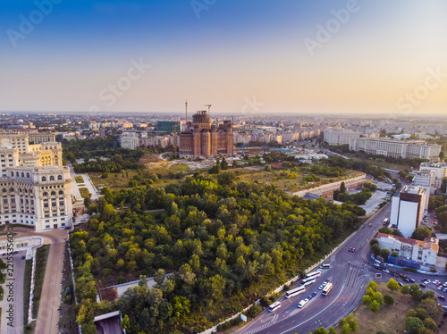 Bucharest city, aerial view at sunset with clear blue sky