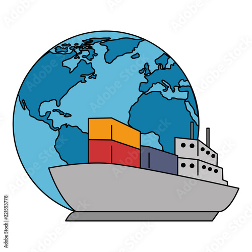 world planet earth with cargo ship