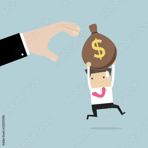 Businessman runs away boss hands to steal money bags.
