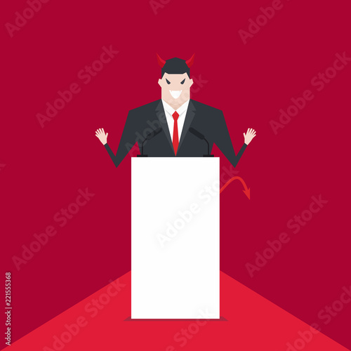Devil businessman talking on podium.