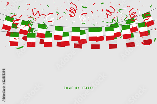 Italy garland flag with confetti on gray background, Hang bunting for Italy celebration template banner.