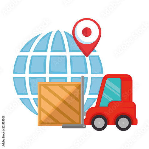 forklift with wooden box and planet
