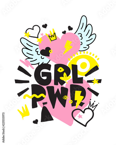 GRL PWR short quote. Girl Power cute hand drawing illustration