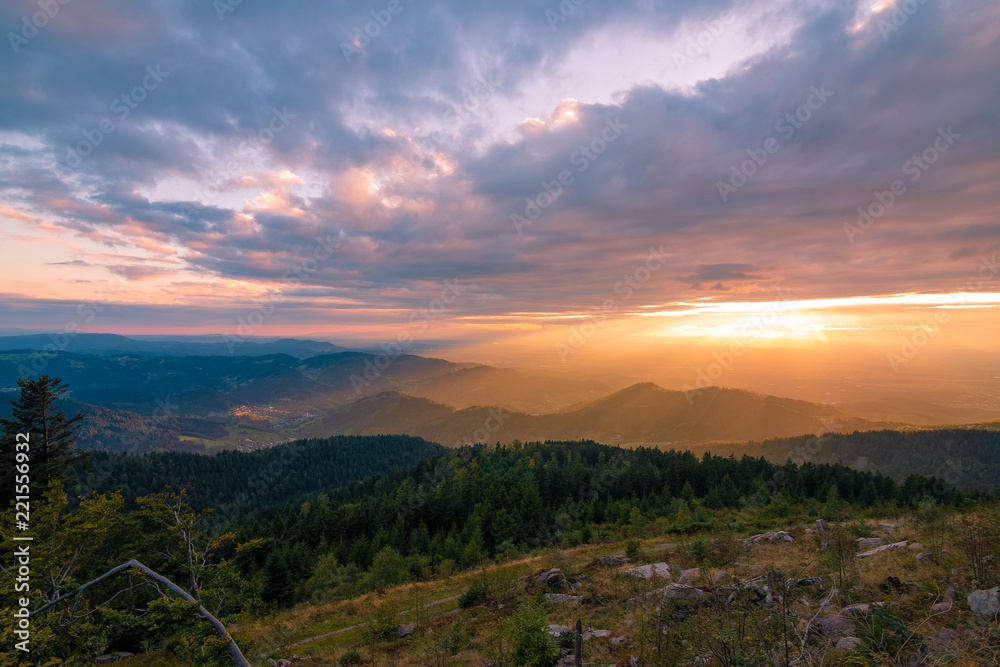 Beautiful Sunset in the Mountains, over the Mountains in Black Forest / Schwarzwald, Germany