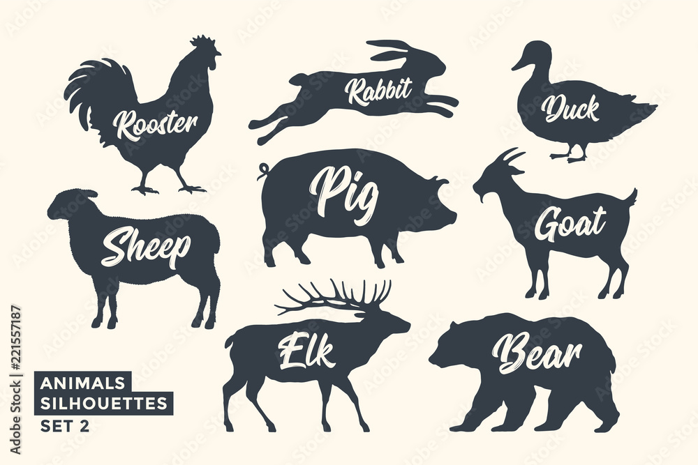 Animals silhouette set. Black-white silhouette of animals with lettering  names. Design template for grocery, butchery, packaging, meat store. Farm  and wild animals theme. Vector Illustration Stock Vector | Adobe Stock