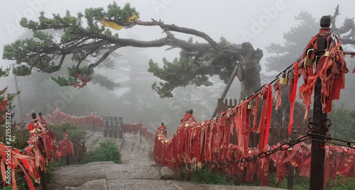 Huashan mountain stairs trail with mist and fog - Xian, Shaaxi Province, China