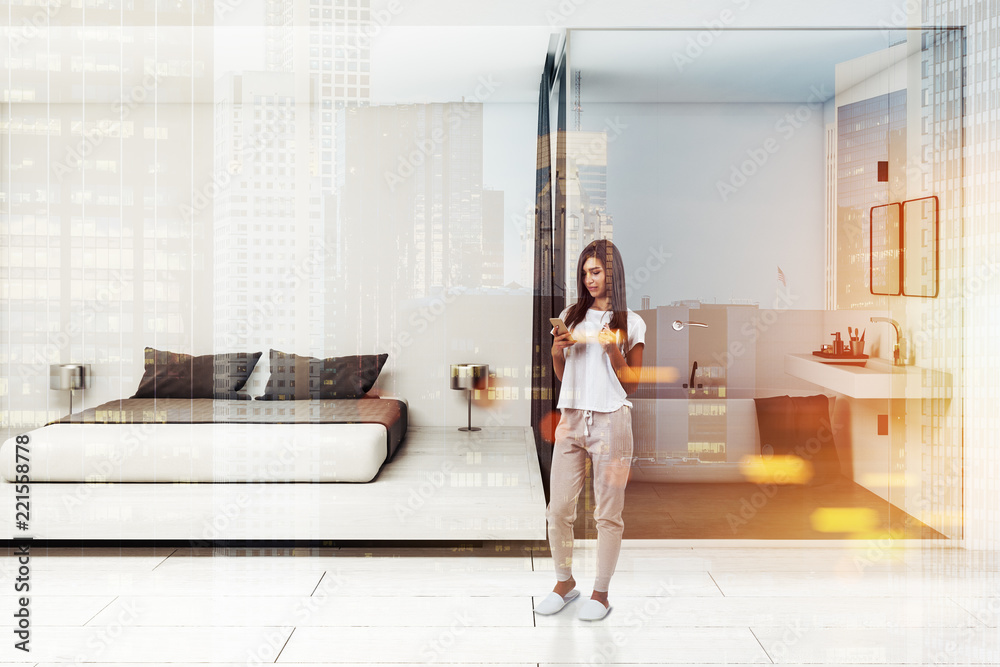 White bathroom and bedroom interior, woman White bathroom and bedroom interior, woman