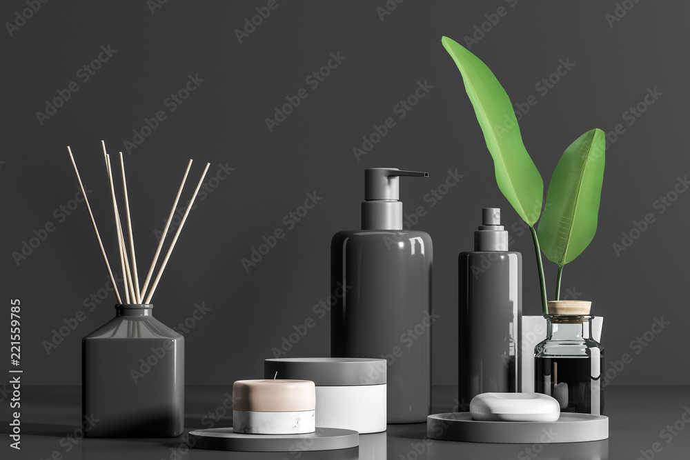 Spa products and creams on table gray background Spa products and creams on table gray background