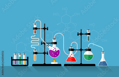 Chemistry lab and science equipment. Chemical experiment and glass flasks with solution in research laboratory.  Concepts for web banner and promotional material. Illustration in flat style.