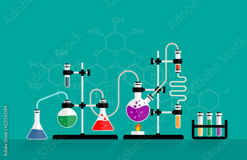Chemistry lab and science equipment. Chemical experiment and glass flasks with solution in research laboratory.  Concepts for web banner and promotional material. Illustration in flat style.