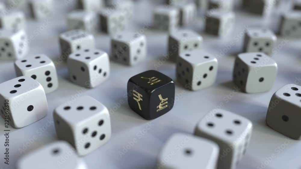 Dice with rupee sign among scattered gambling dices. Forex success or finance related 3D animation Dice with rupee sign among scattered gambling dices. Forex success or finance related 3D animation