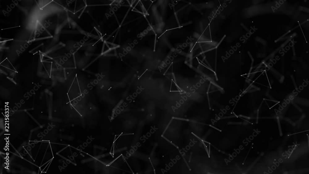 White round particles connected by strips move on a black background. abstract background. 3D rendering White round particles connected by strips move on a black background. abstract background. 3D rendering