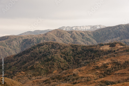 Autumn georgian landscape of high mountains and hills with orange trees
