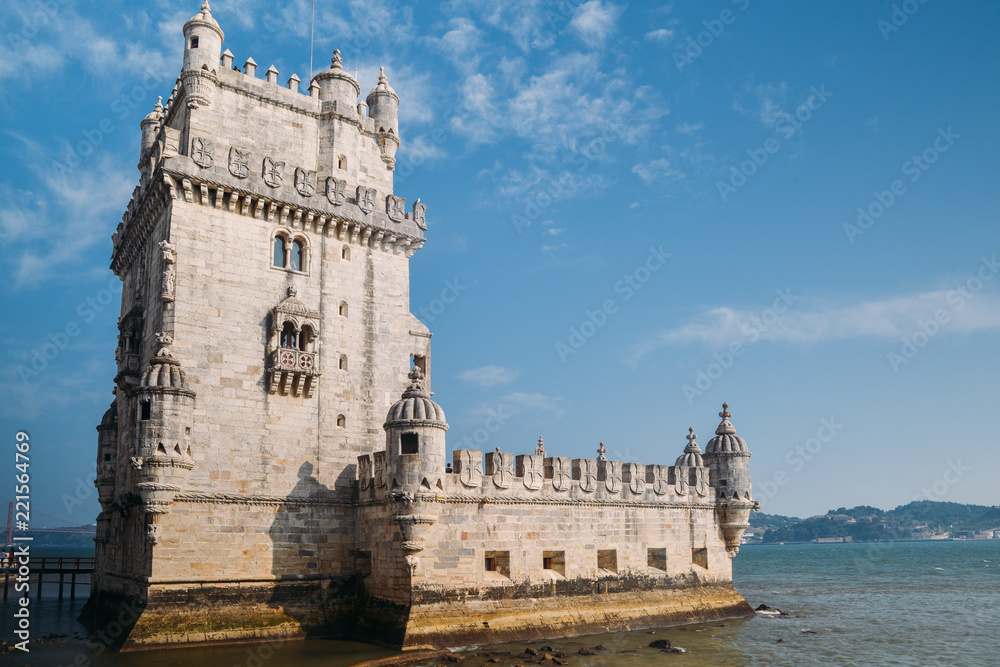 View at the Belem tower at the bank of Tejo River in Lisbon - Portugal