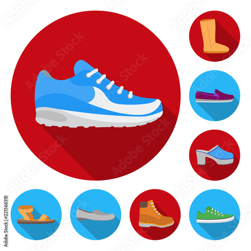 A variety of shoes flat icons in set collection for design. Boot, sneakers vector symbol stock web illustration.