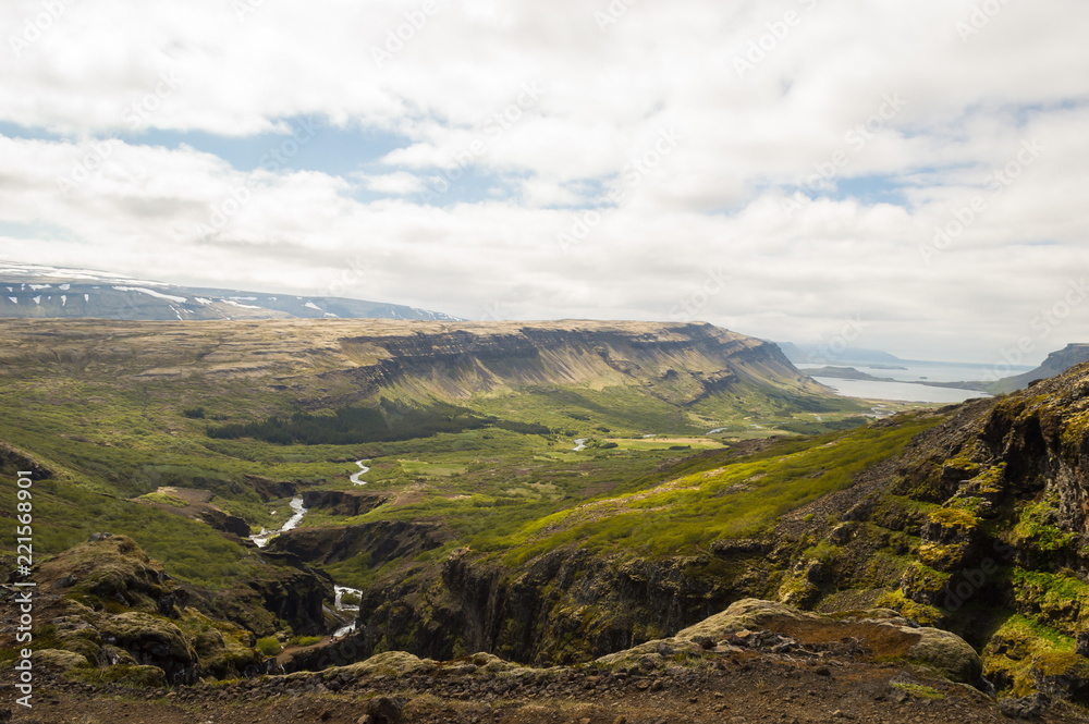 Beautiful Glymur waterfall area on the edge of Hvalfjordur fjord, Iceland