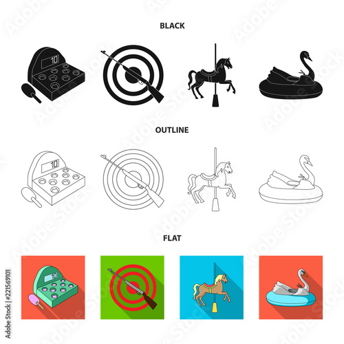 A game with a bat, a target with a gun, a horse on a carousel, a swan attraction. Amusement park set collection icons in cartoon style vector symbol stock illustration web.