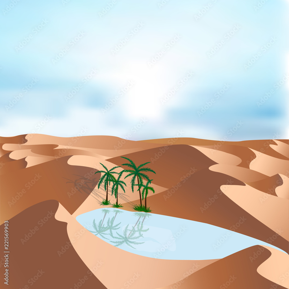 Oasis in desert - landscape background. Vector illustration with sand dunes, blue lake and palms.
