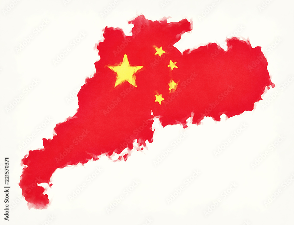 Fototapeta premium Guangdong China watercolor map with Chinese national flag illustration