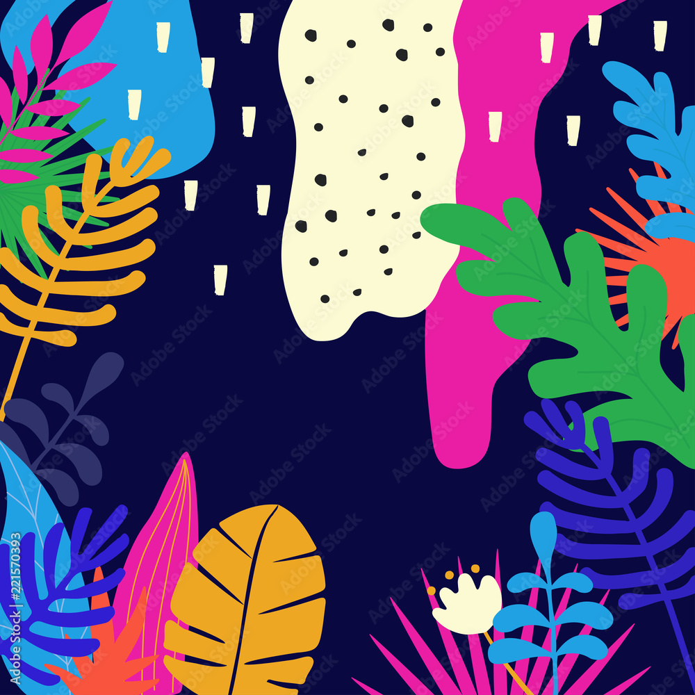 Tropical jungle leaves background. Colorful tropical poster design. Exotic leaves, plants and branches art print. Wallpaper, fabric, textile, wrapping paper vector illustration design Tropical jungle leaves background. Colorful tropical poster design. Exotic leaves, plants and branches art print. Wallpaper, fabric, textile, wrapping paper vector illustration design