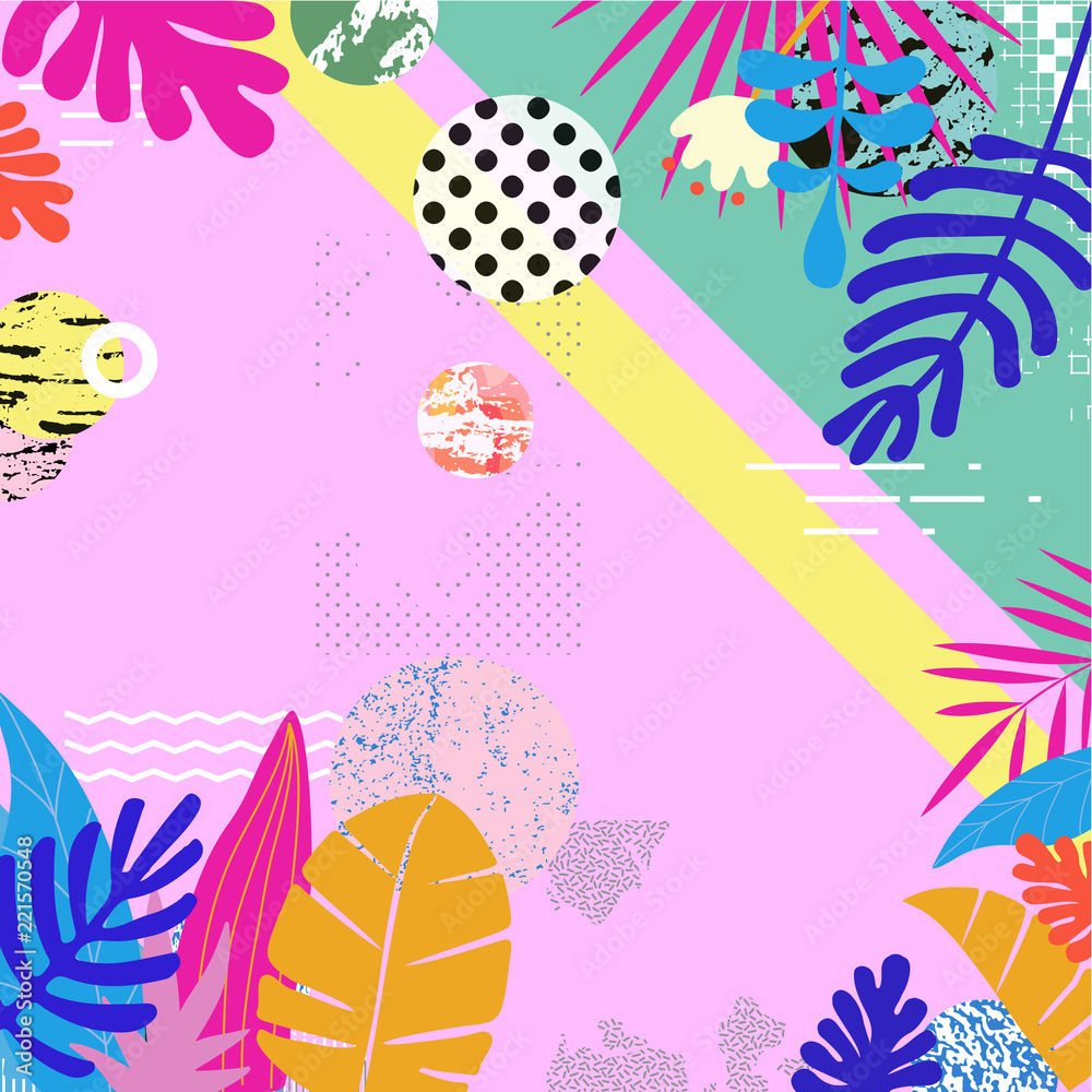 Tropical jungle leaves background. Colorful tropical poster design. Exotic leaves, plants and branches art print. Wallpaper, fabric, textile, wrapping paper vector illustration design