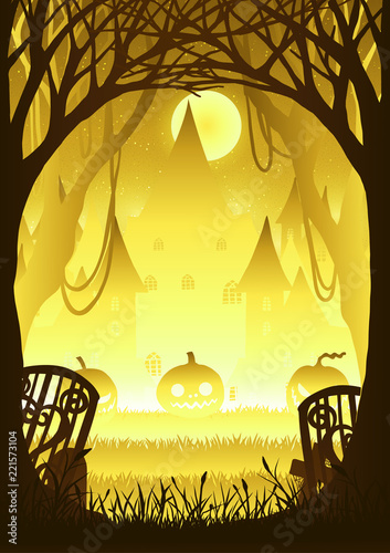 Forest with pumpkin on halloween night.Paper cut light and shadow box.Halloween silhouette paper sculptures lamp.