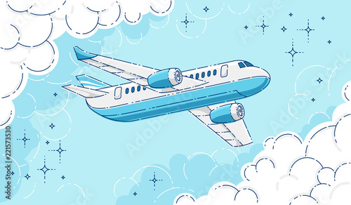 Plane passenger airliner flying in the sky surrounded by clouds, beautiful thin line 3d vector illustration.
