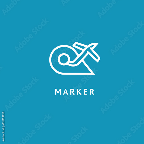 Map marker with plane icon. Vector flat style illustration Location pin navigation logo template. Logo concept of navigator, guide, airport, booking tickets, Rent a Car, travel application. photo