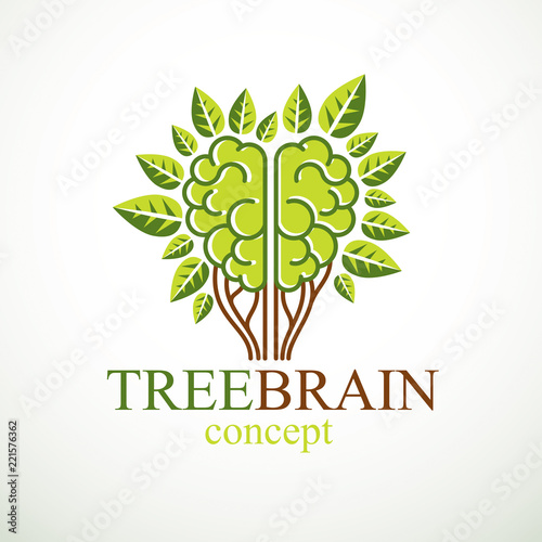 Tree Brain concept, the wisdom of nature, intelligent evolution. Human anatomical brain in a shape of tree with green leaves. Brain feeding with diet products. Vector logo or icon design.