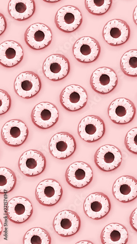 Many small plastic donuts lies on a pastel colorful background. Flat lay minimal pattern. Top view photo