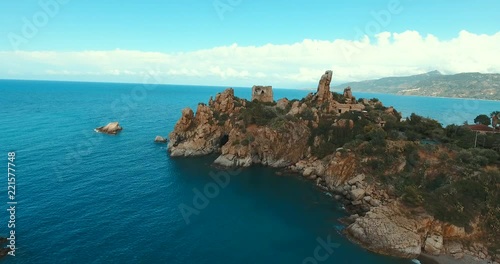 Aerial view of Sicilian rocky coast, beach around Torre Caldura, Cefalu, Sicily, Italy . photo