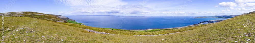 Panorama of Galway and Ballyvaughan bay in Burren way trail