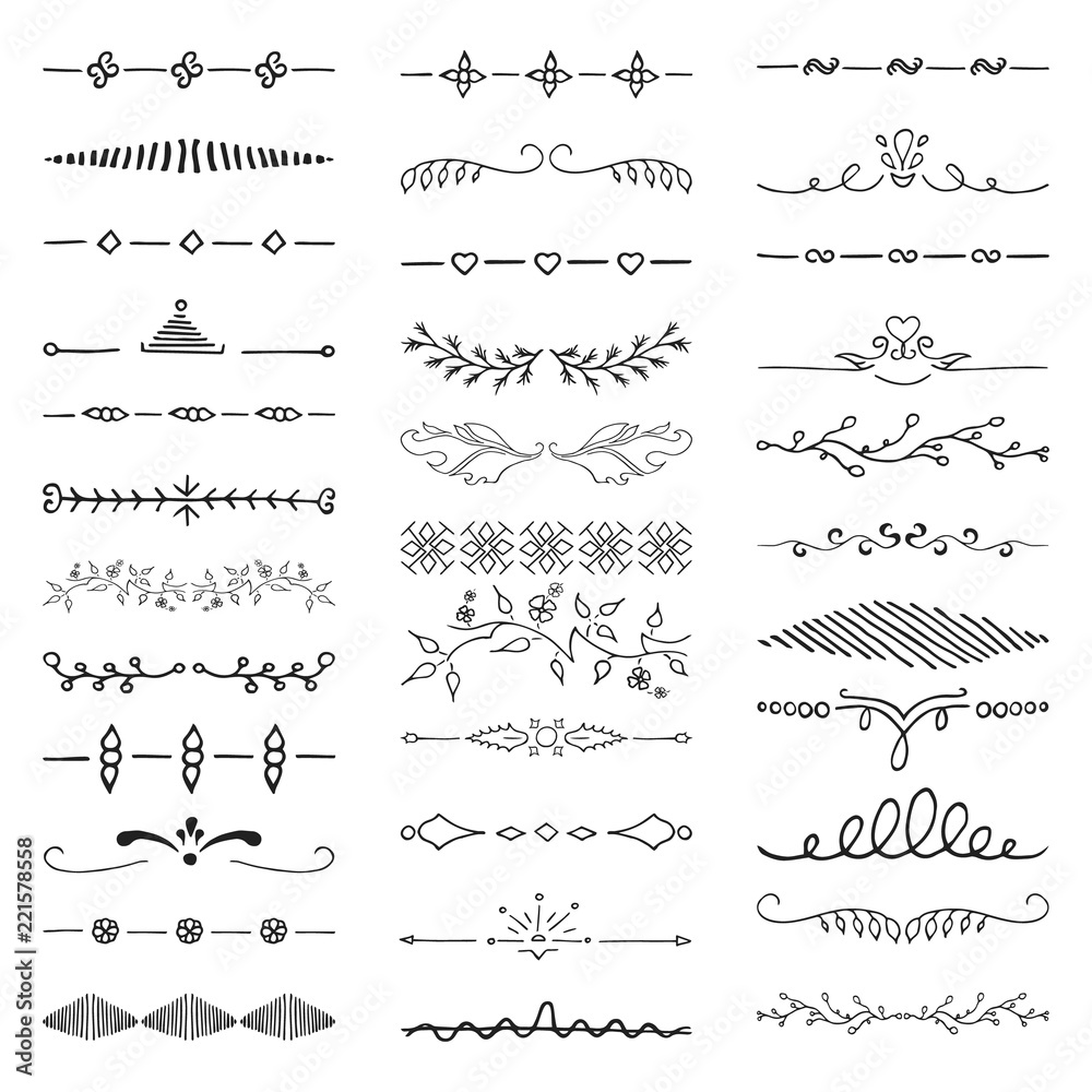 Set of vintage hand drawn vector dividers, lines, borders and laurels. Vector isolated elements.