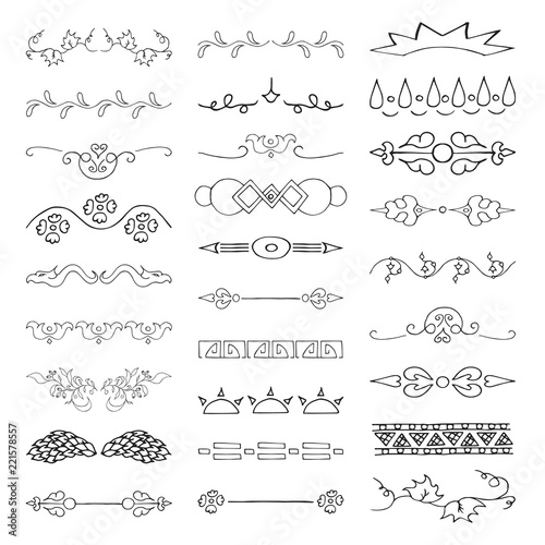 Set of doodle design elements. Vintage text dividers, fancy lines, ornate borders.