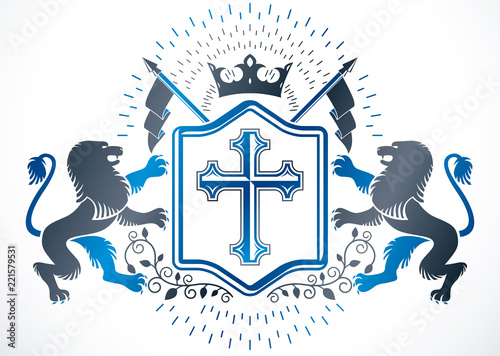 Old style heraldry, heraldic emblem, vector illustration created with wild lions, religious cross and royal crown.