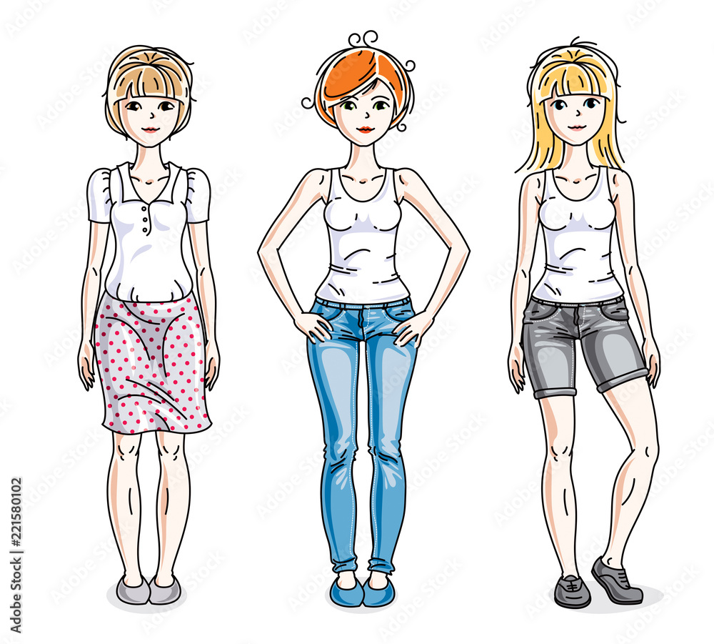 Attractive young adult girls female group standing in stylish casual clothes. Vector set of beautiful people illustrations. Fashion and lifestyle theme cartoons.