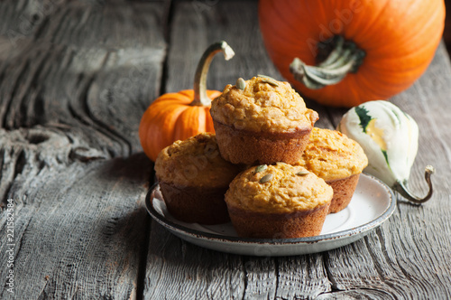 Pumpkin muffins, healthy vegan snack, Thansgiving and autumn dessert, selective focus, toned image