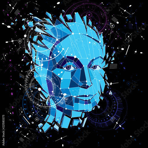 3d vector low poly portrait of a smart woman, human thoughts metaphor. Artistic background made using modern technology style visual elements, mechanical scheme parts and connected lines.
